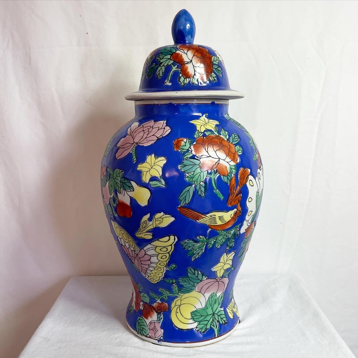 Chinese Blue Butterflies and Flowers Jar In Good Condition In Delray Beach, FL