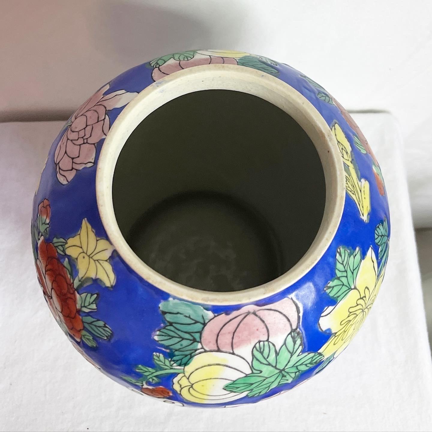 Ceramic Chinese Blue Butterflies and Flowers Jar