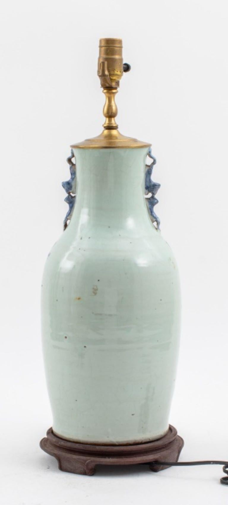 20th Century Chinese Blue Celadon Porcelain Vase Mounted Lamp For Sale