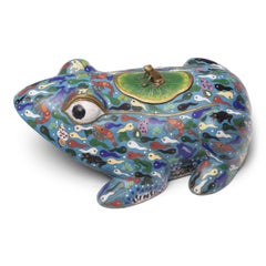 Chinese Blue Cloisonné Frog Box with Fish & Flora