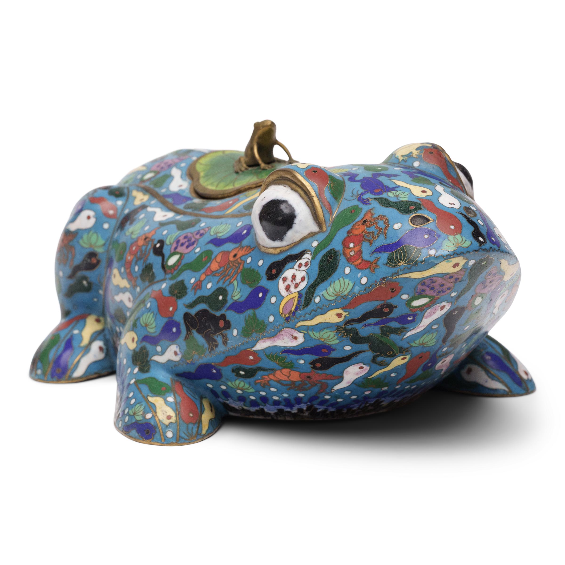 Qing Chinese Blue Cloisonné Frog Box with Fish & Flora