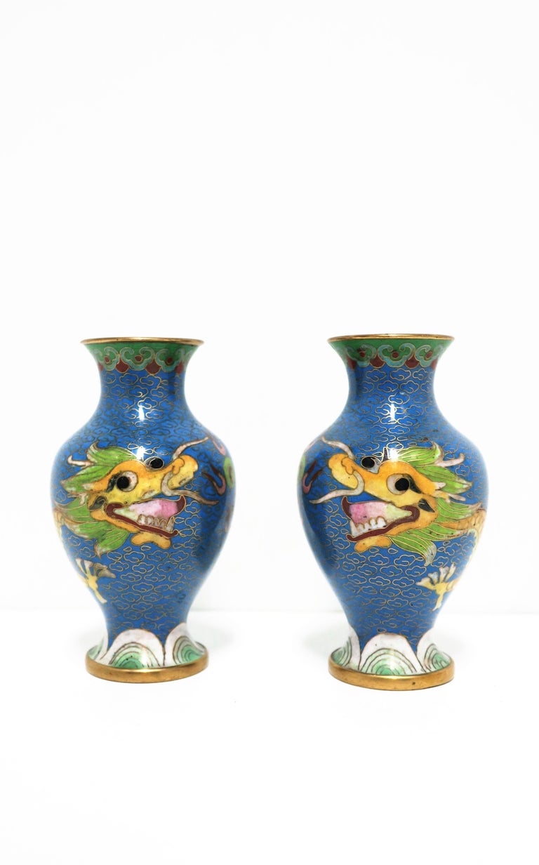 Cloissoné Chinese Blue Dragon Cloisonné and Brass Vases, a Pair For Sale