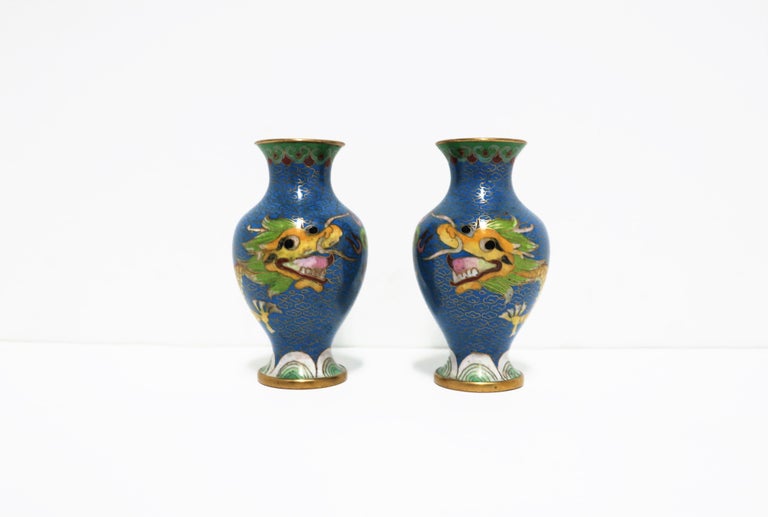 20th Century Chinese Blue Dragon Cloisonné and Brass Vases, a Pair For Sale