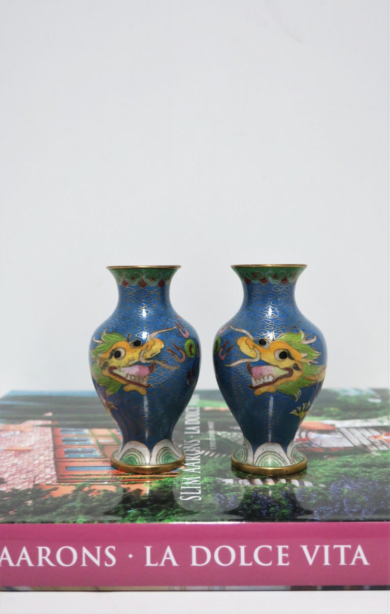 Chinese Blue Dragon Cloisonné and Brass Vases, a Pair For Sale 1