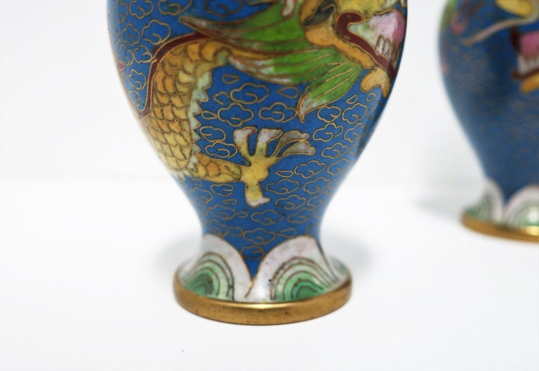 Chinese Blue Dragon Cloisonné and Brass Vases, a Pair For Sale 2