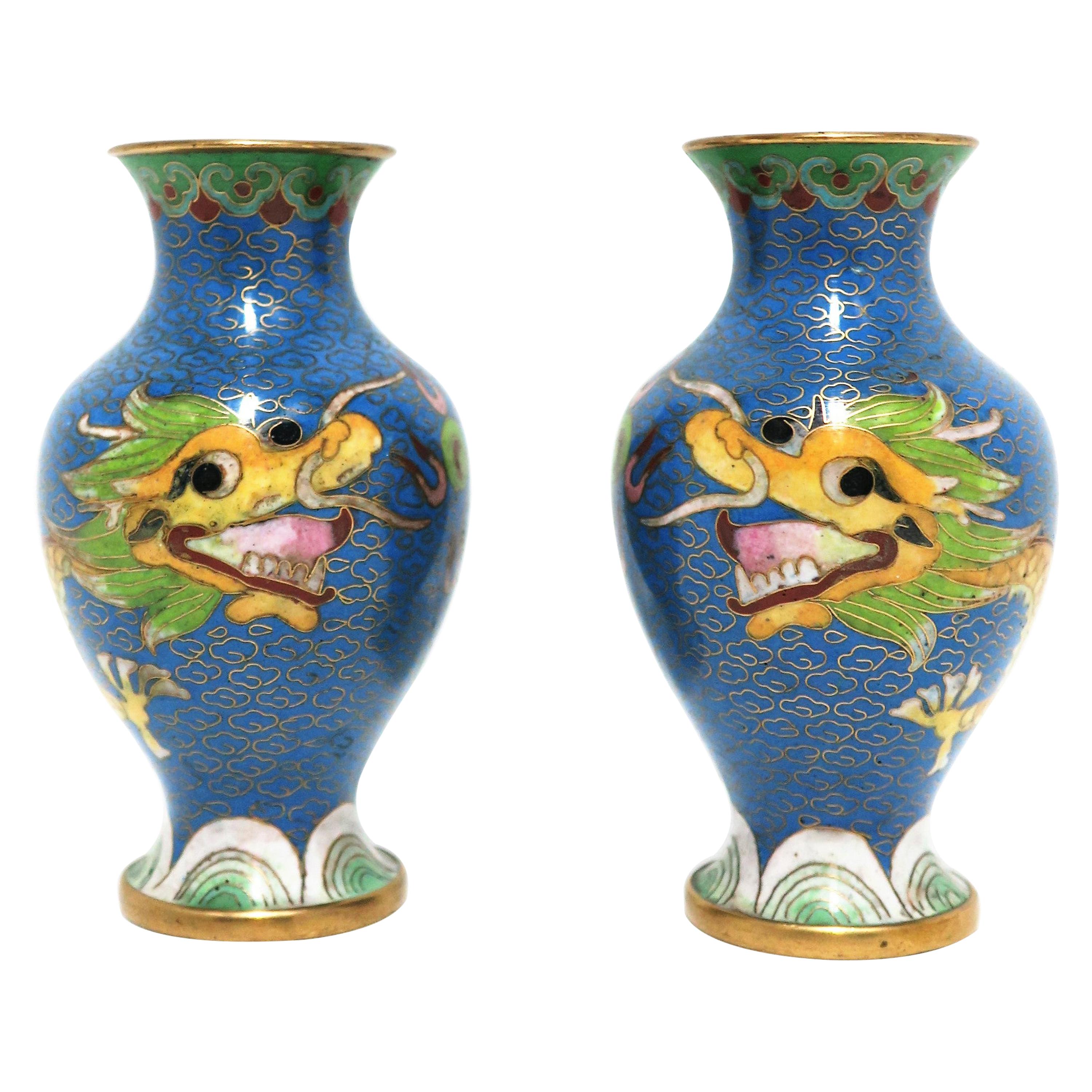 Chinese Blue Dragon Cloisonné and Brass Vases, a Pair