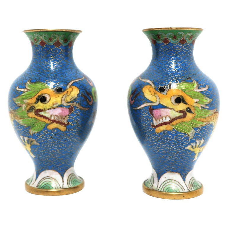 Chinese Blue Dragon Cloisonné and Brass Vases, a Pair For Sale