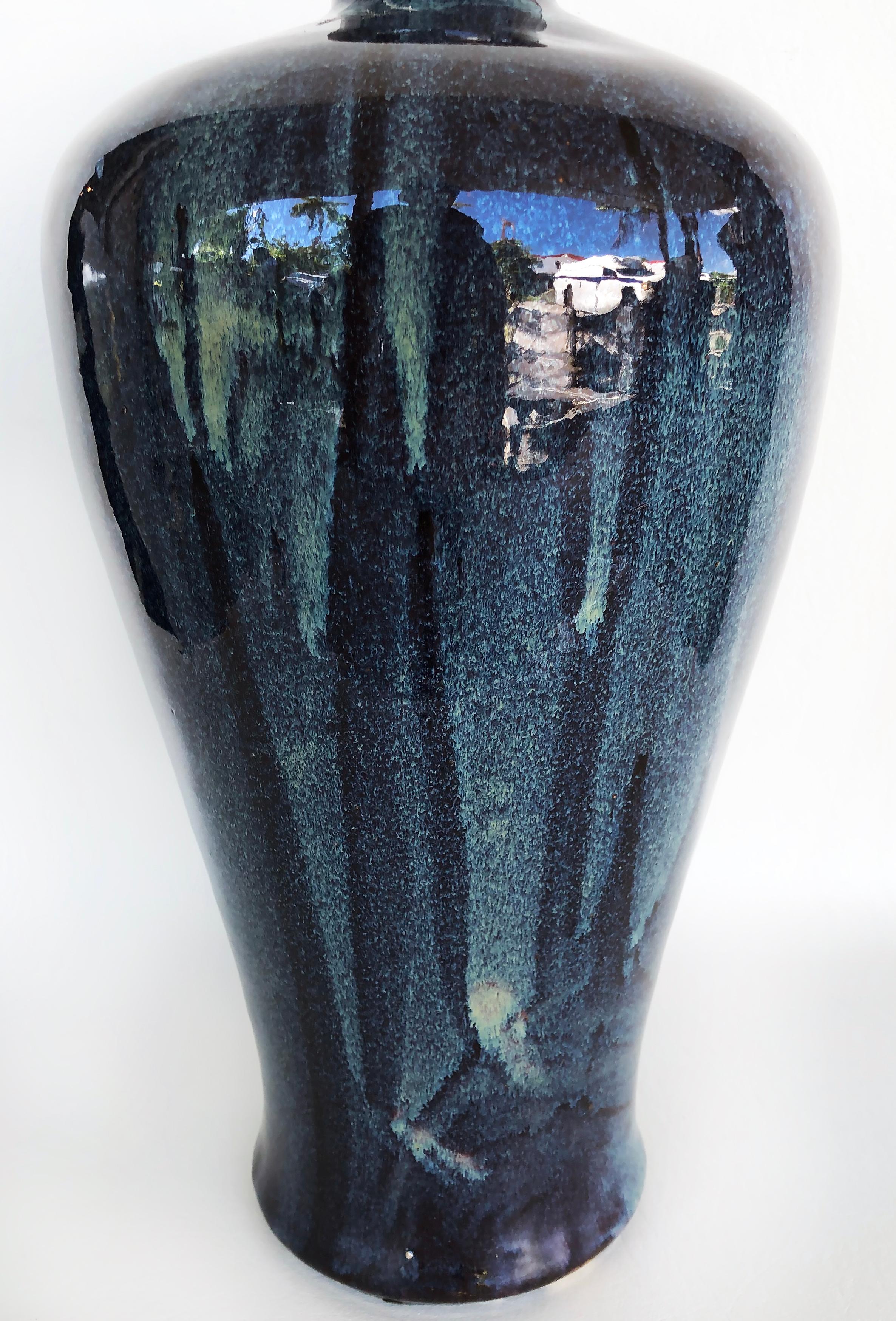 Chinese Blue Drip Glazed Ceramic Urn Vases, a Pair In Good Condition In Miami, FL