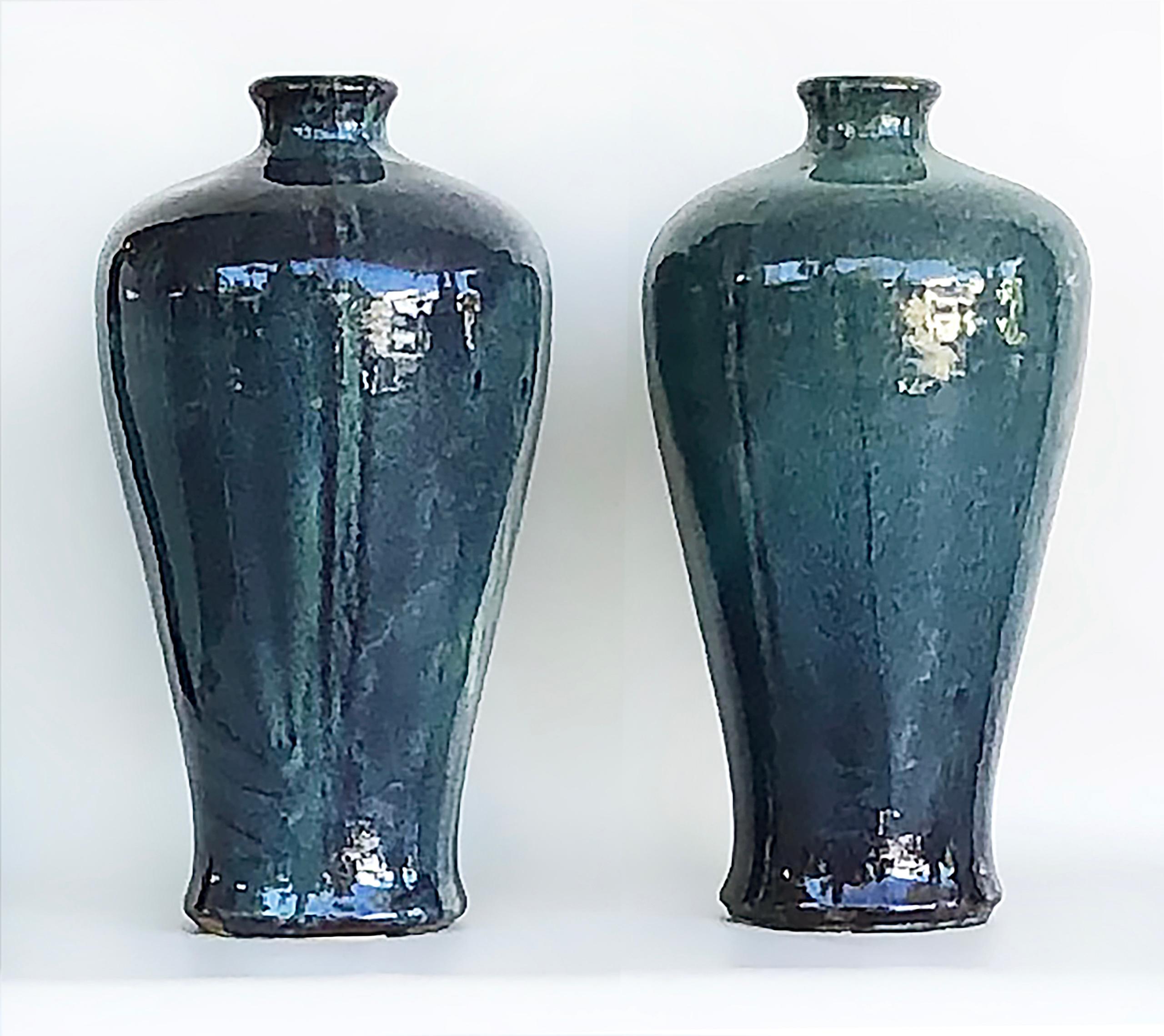 Chinese Blue Drip Glazed Ceramic Urn Vases, a Pair In Good Condition In Miami, FL