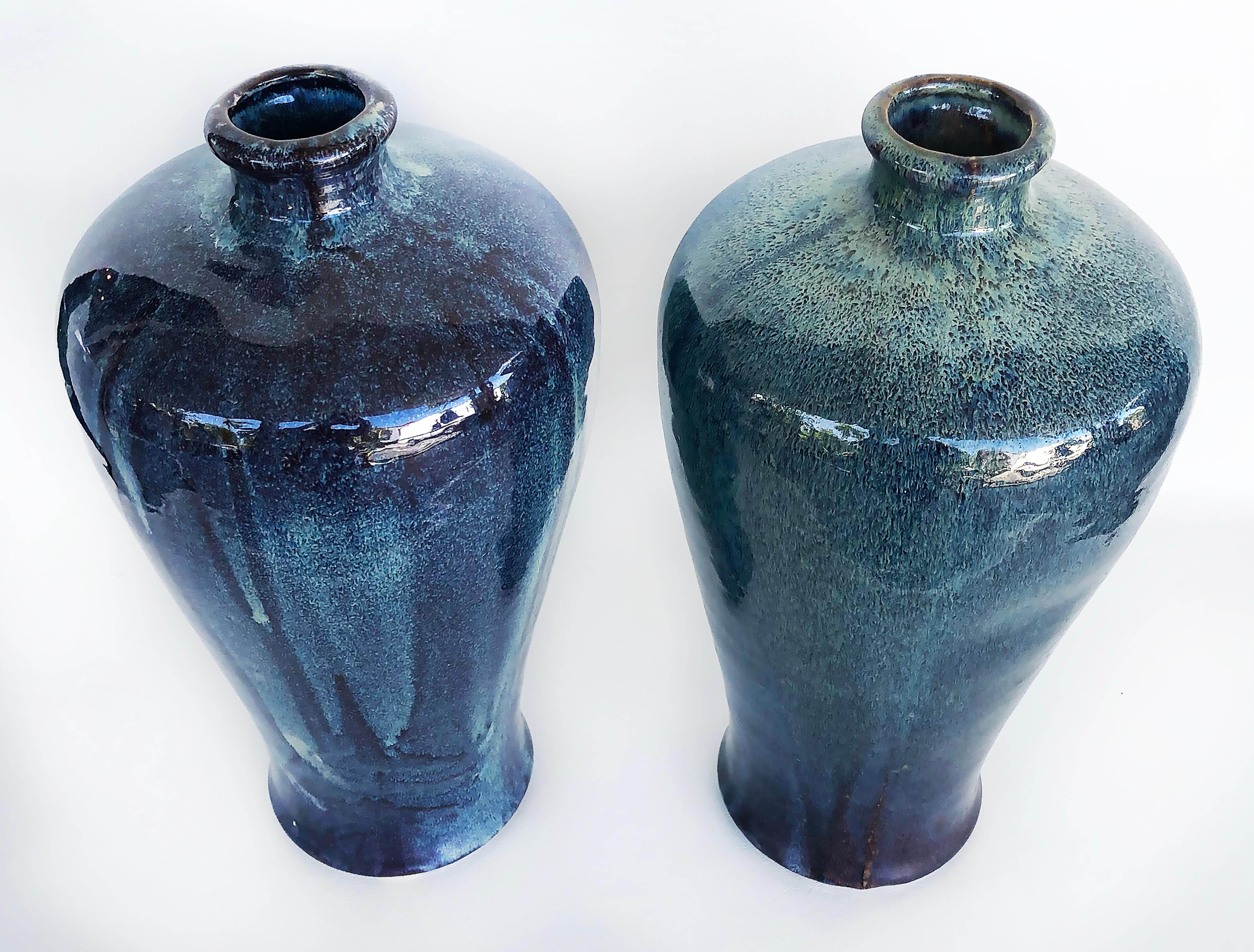 Chinese Blue Drip Glazed Ceramic Urn Vases, a Pair For Sale 1