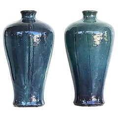 Vintage Chinese Blue Drip Glazed Ceramic Urn Vases, a Pair