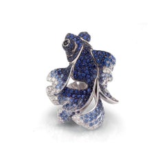 Chinese Blue Fish Diamond and Blue Sapphires Ring in 18k White Gold