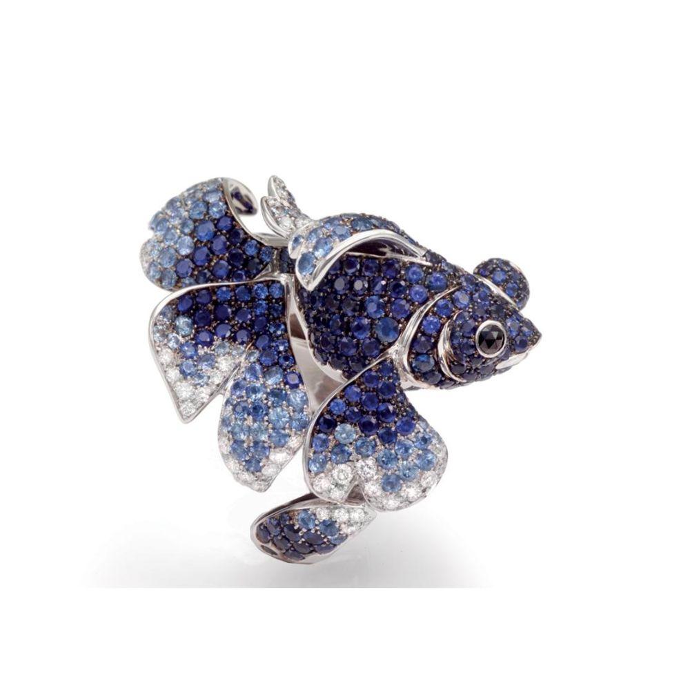 Artisan Chinese Blue Fish Diamond and Blue Sapphires Ring in 18k White Gold For Sale
