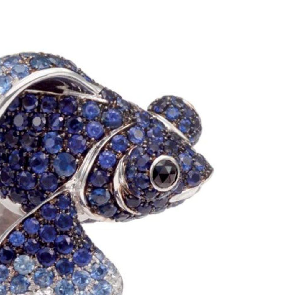 Brilliant Cut Chinese Blue Fish Diamond and Blue Sapphires Ring in 18k White Gold For Sale