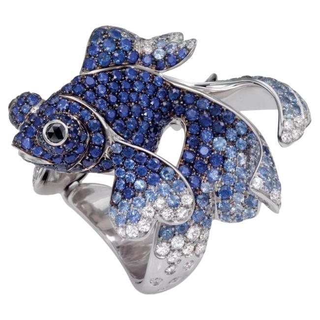 Chinese Blue Fish Diamond and Blue Sapphires Ring in 18k White Gold For Sale