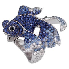 Chinese Blue Fish Diamond and Blue Sapphires Ring in 18k White Gold