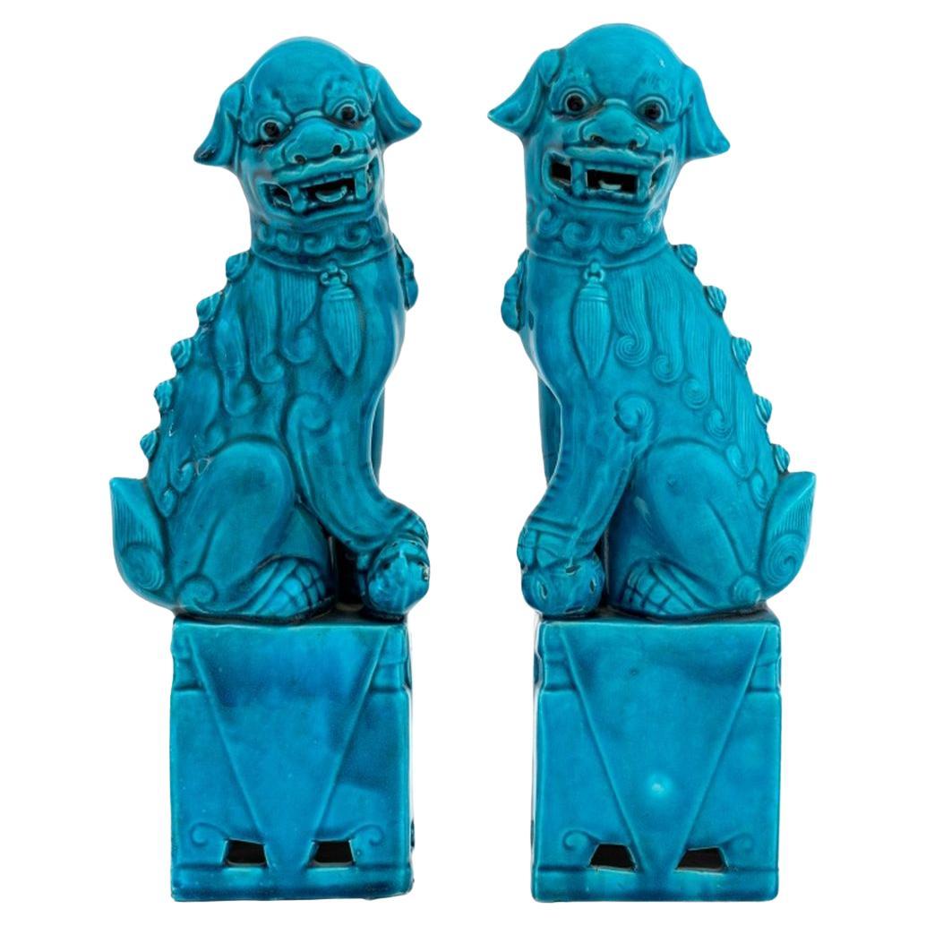 Chinese Blue Glazed Foo Dog Bookends, Pair For Sale