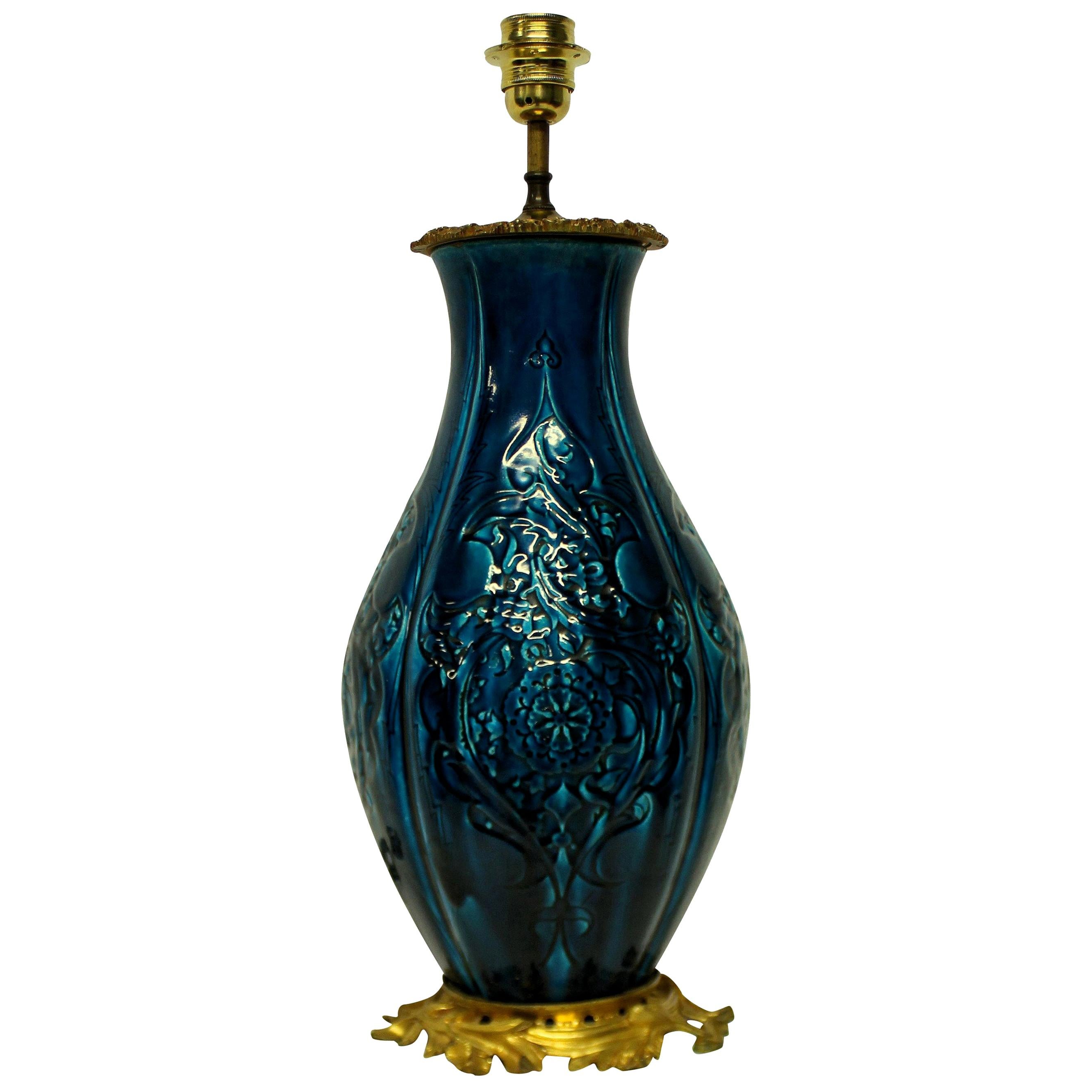 Chinese Blue Glazed Vase Lamp on an Ormolu Base