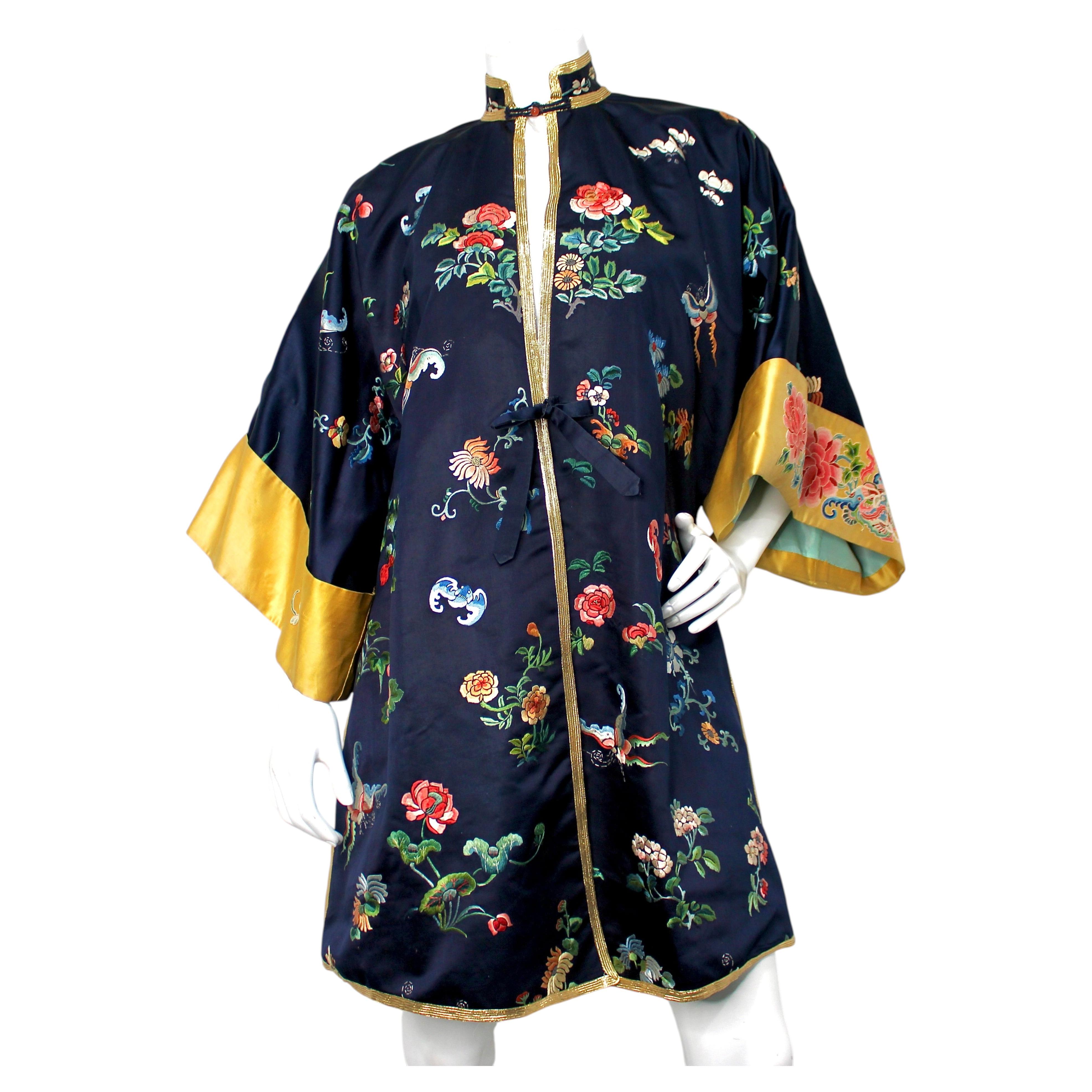 Chinese Blue & Gold Silk Embroidered Robe circa 1950s
