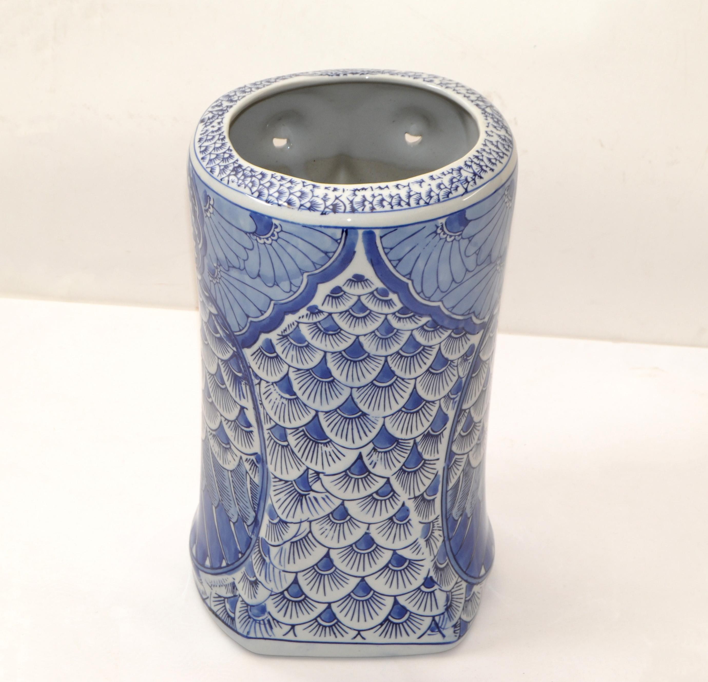 Chinoiserie Chinese Blue Grey Handmade Ceramic Pottery Owl Planter Vase Umbrella Stand For Sale