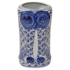Chinese Blue Grey Handmade Cermaic Pottery Owl Planter, Vase, Vessel