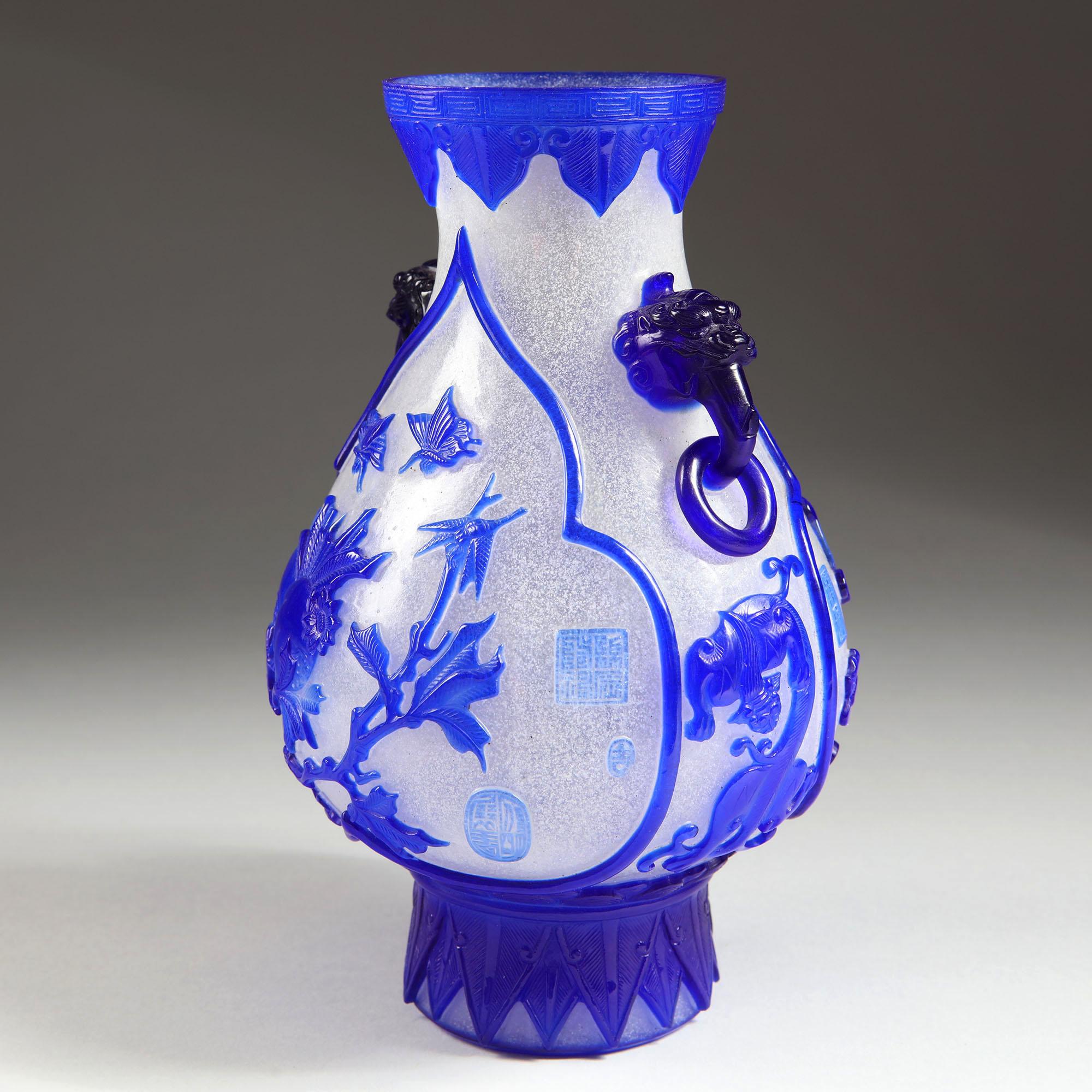 Chinese Blue Overlay Peking Glass Vase 6