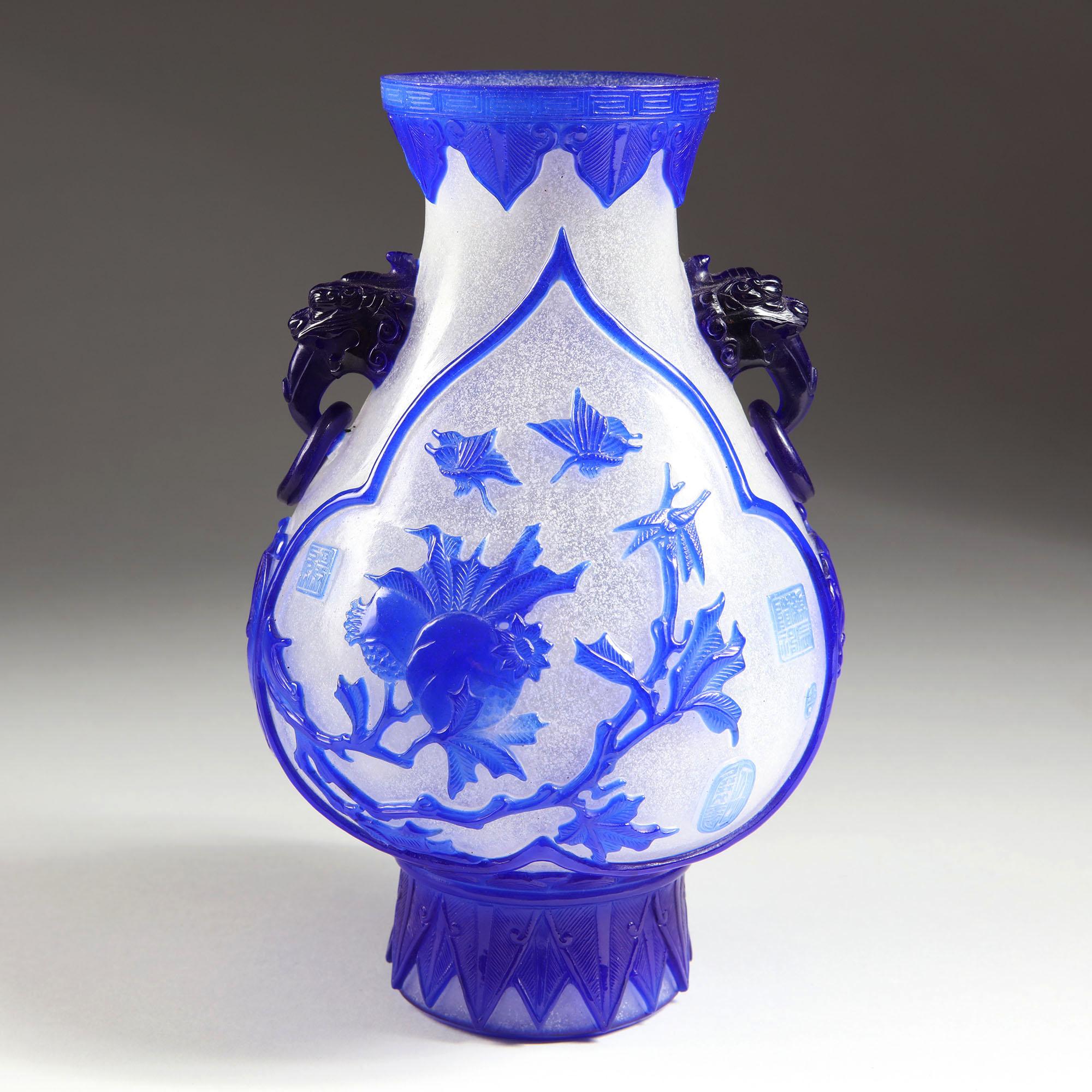 Chinese Blue Overlay Peking Glass Vase 1