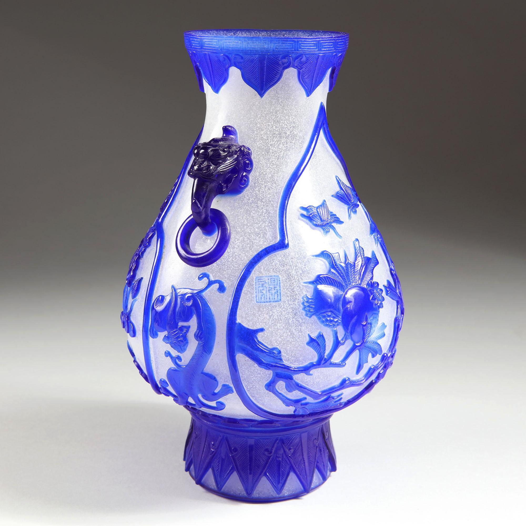 Chinese Blue Overlay Peking Glass Vase 2