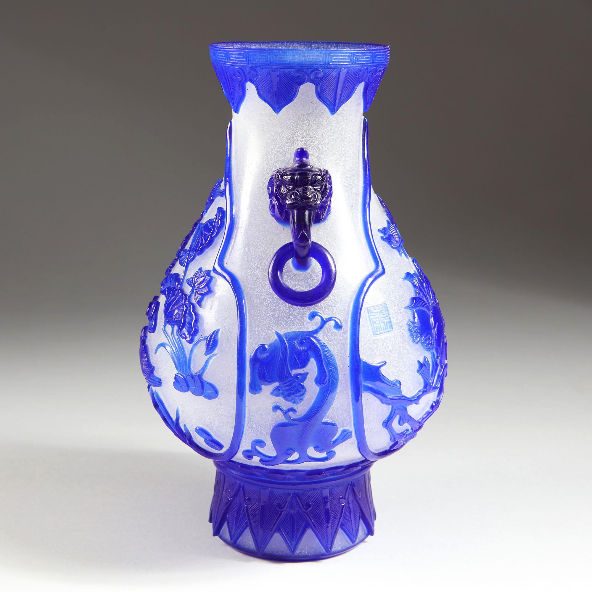 Chinese Blue Overlay Peking Glass Vase 3