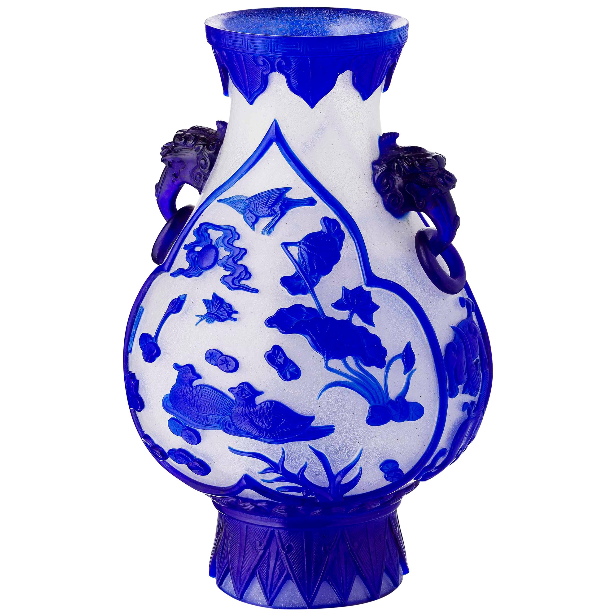 Chinese Blue Overlay Peking Glass Vase