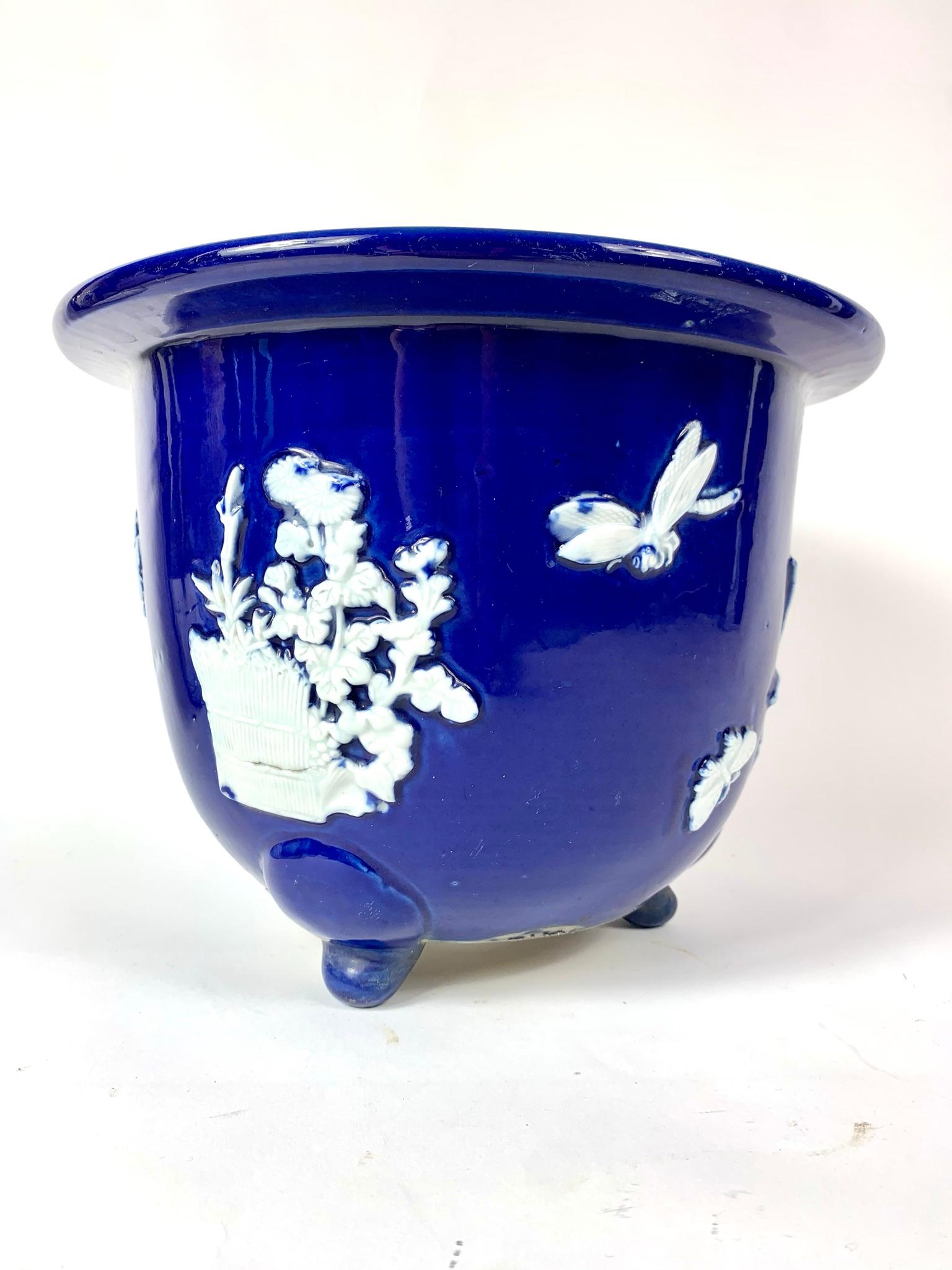 Porcelain Chinese Blue Pate Sur Pate Planter Jardinière with Flowers and Bug