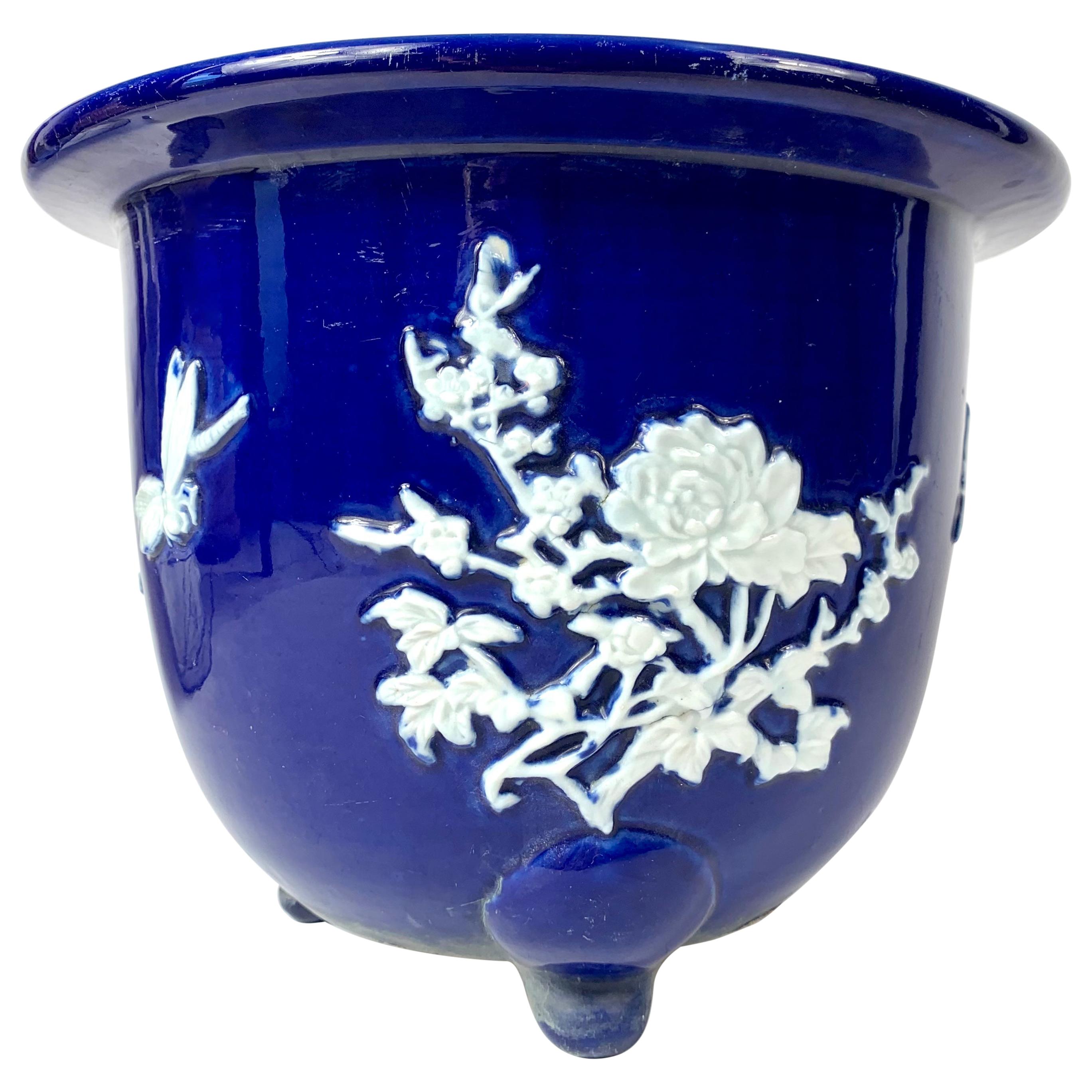 Chinese Blue Pate Sur Pate Planter Jardinière with Flowers and Bug