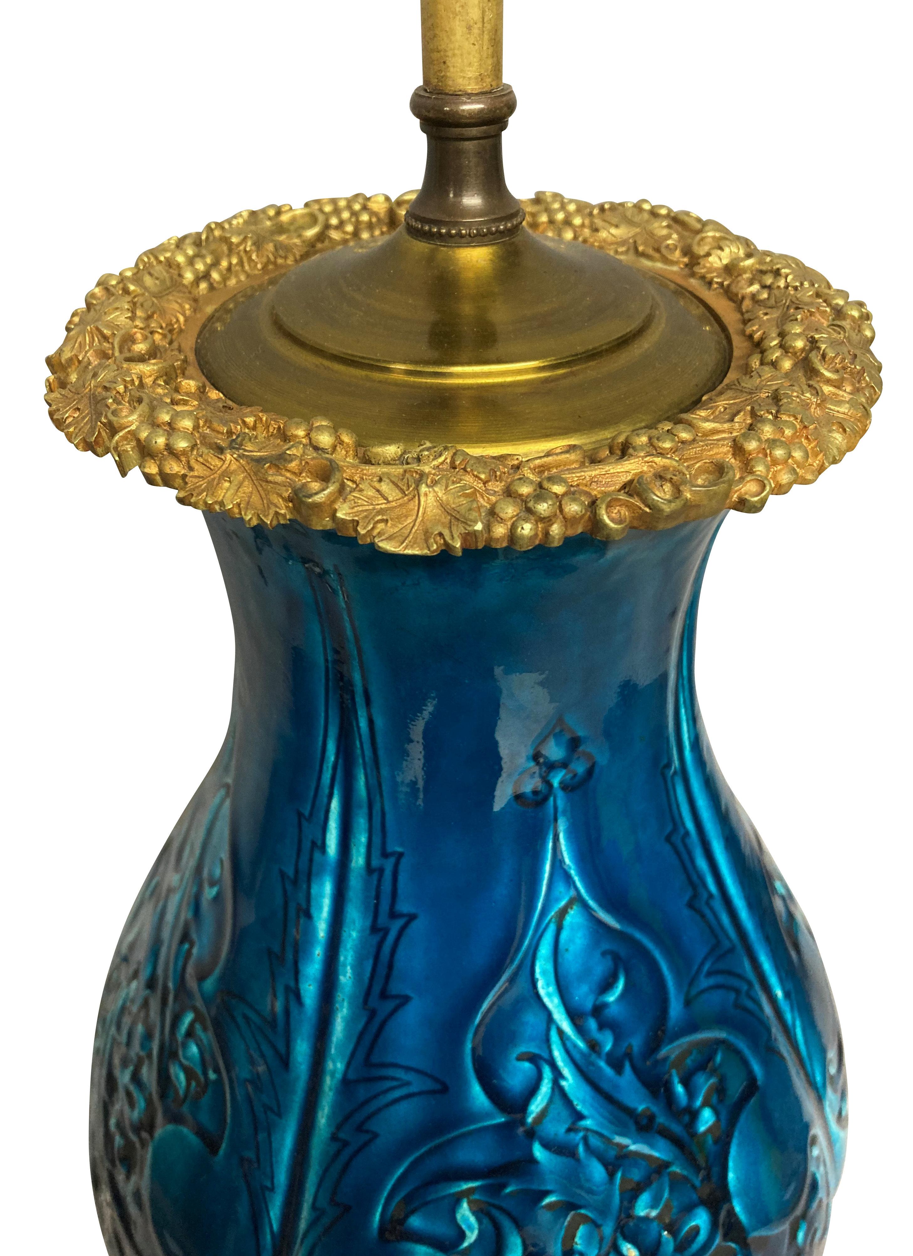 Early 20th Century Chinese Blue Porcelain & Gilt Bronze Mounted Lamp
