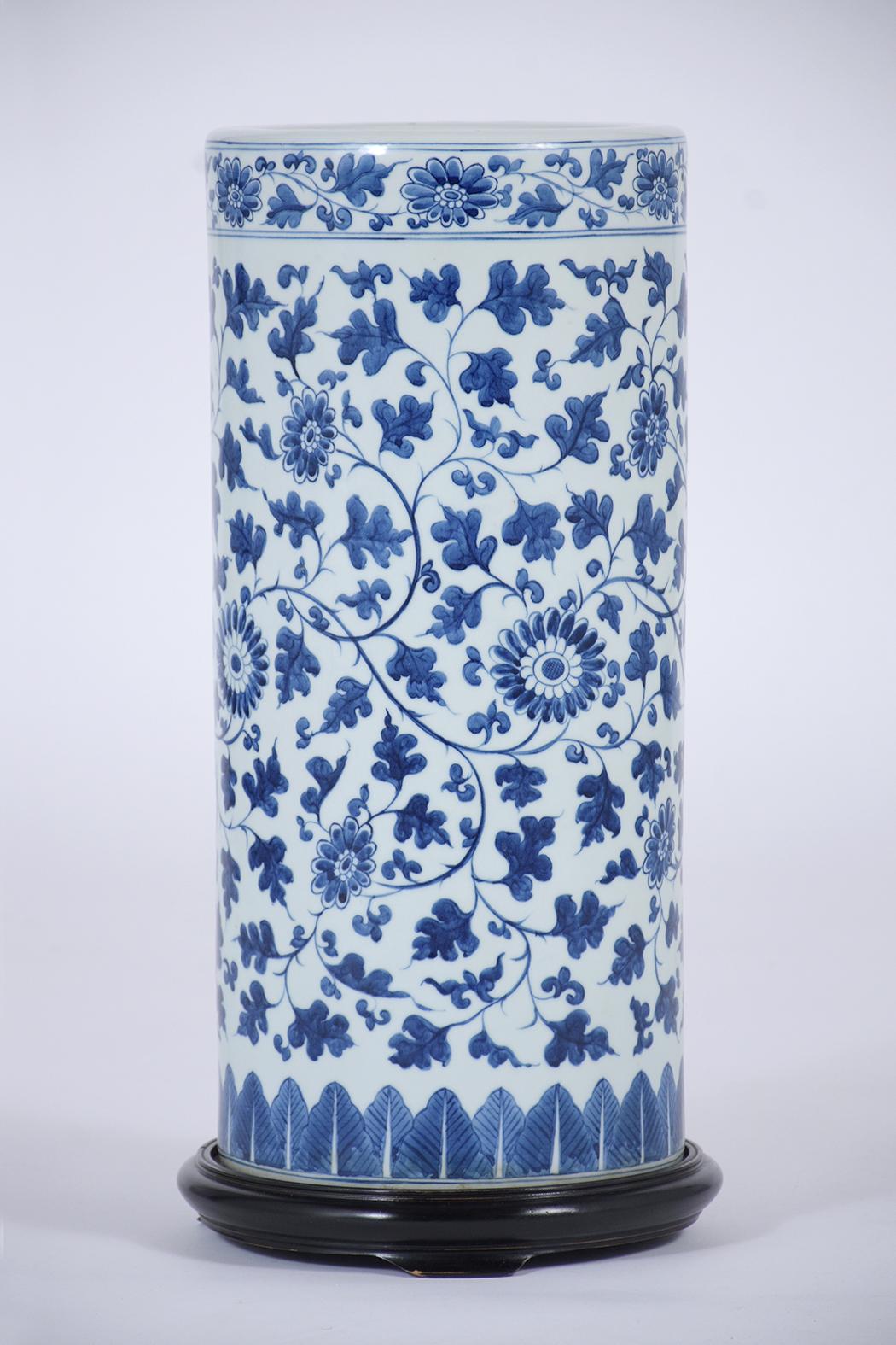 Hand-Painted Chinese Blue Porcelain Umbrella Stand