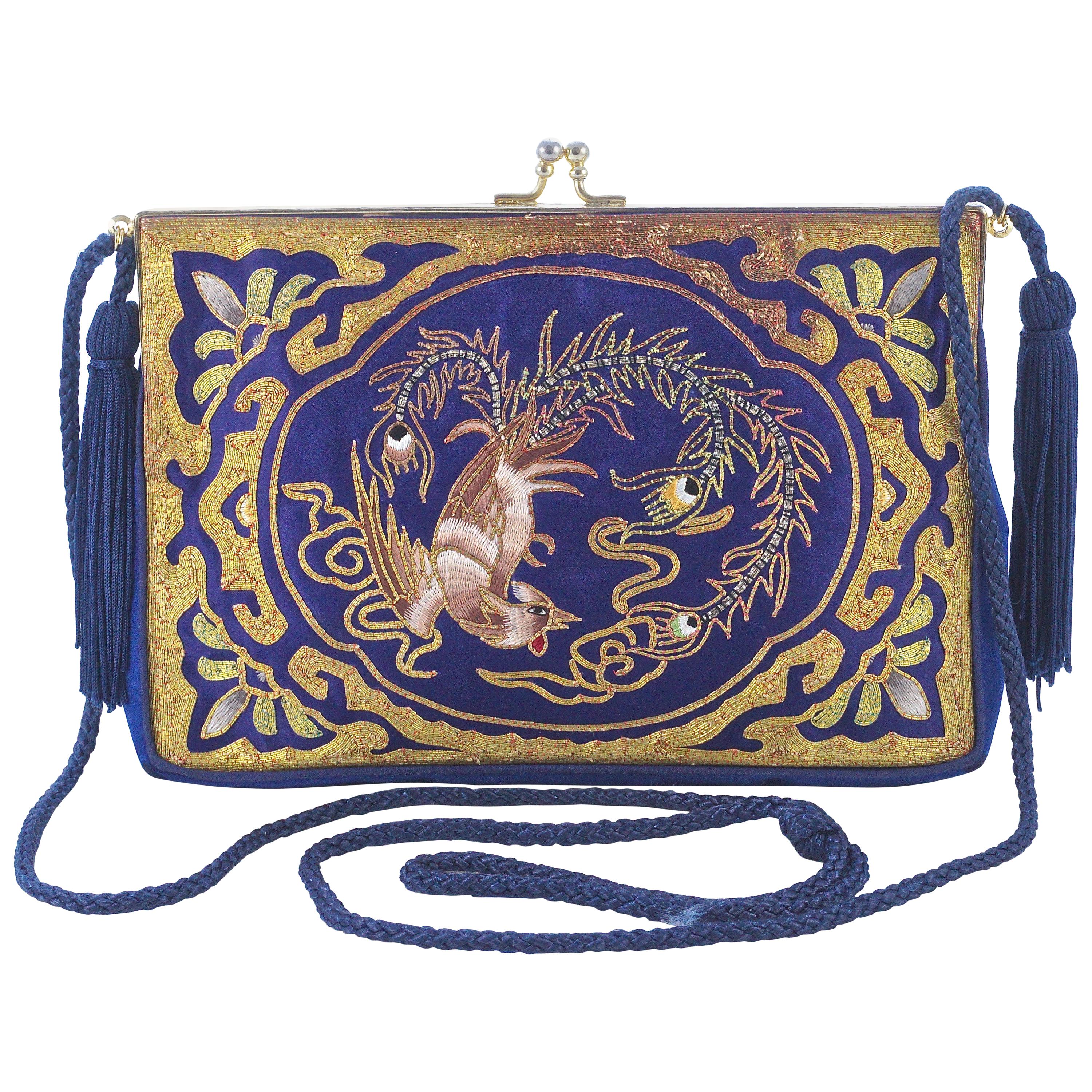 Chinese Blue Silk Embroidered Rooster Design Evening Bag circa 1930s
