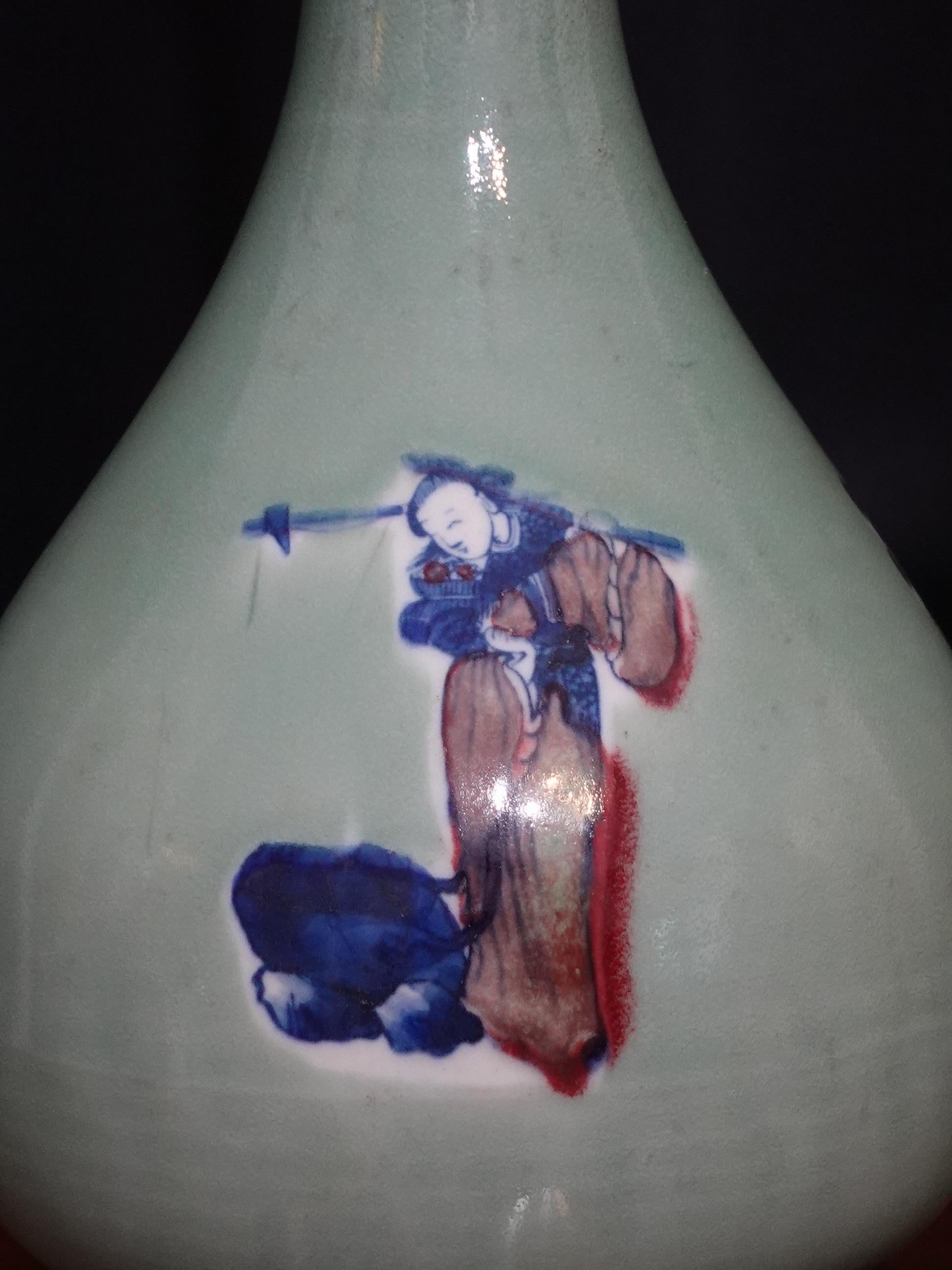 Hand-Crafted Chinese Blue White and Red Under-Glazed Long Neck Vase with Hardwood Stand For Sale