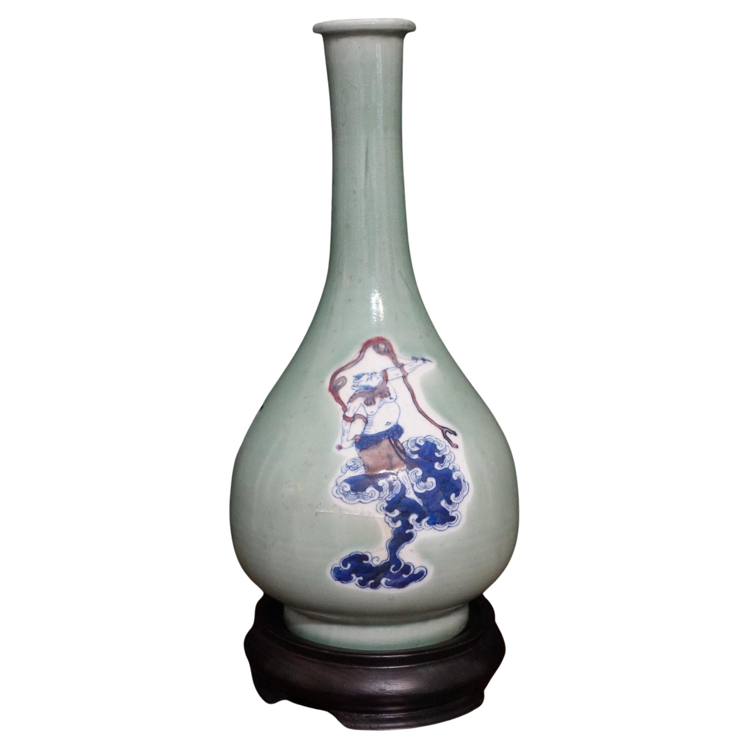 Chinese Blue White and Red Under-Glazed Long Neck Vase with Hardwood Stand For Sale