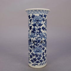 Chinese Blue & White Canton Dragon & Lotus Floral Porcelain Vase, 20th Century