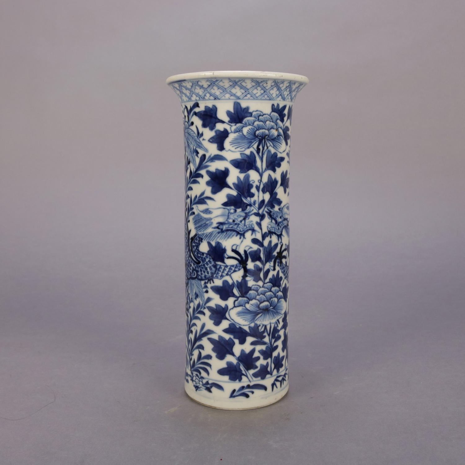 Hand-Painted Chinese Blue & White Canton Dragon & Lotus Floral Porcelain Vase, 20th Century