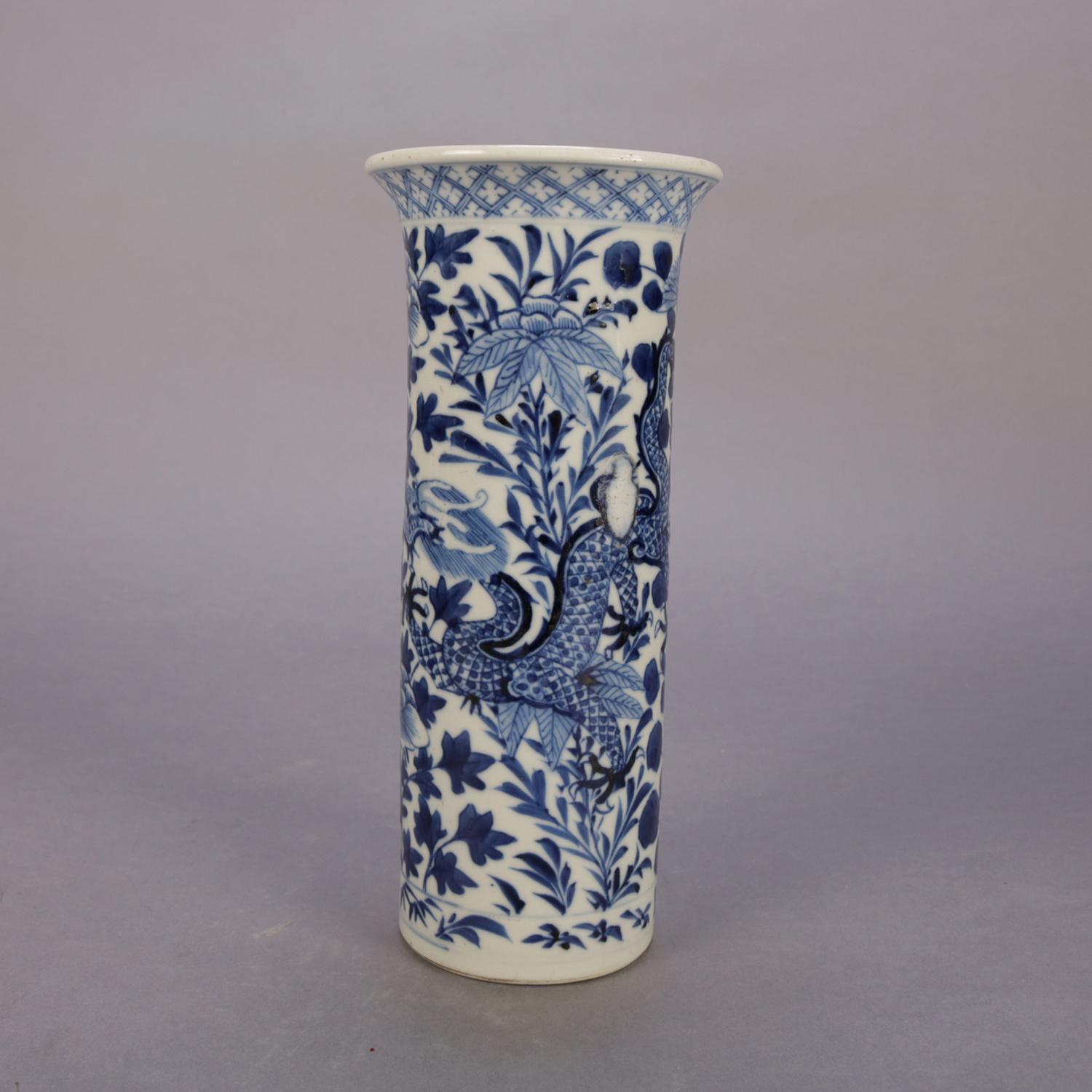 Chinese Blue & White Canton Dragon & Lotus Floral Porcelain Vase, 20th Century In Good Condition In Big Flats, NY