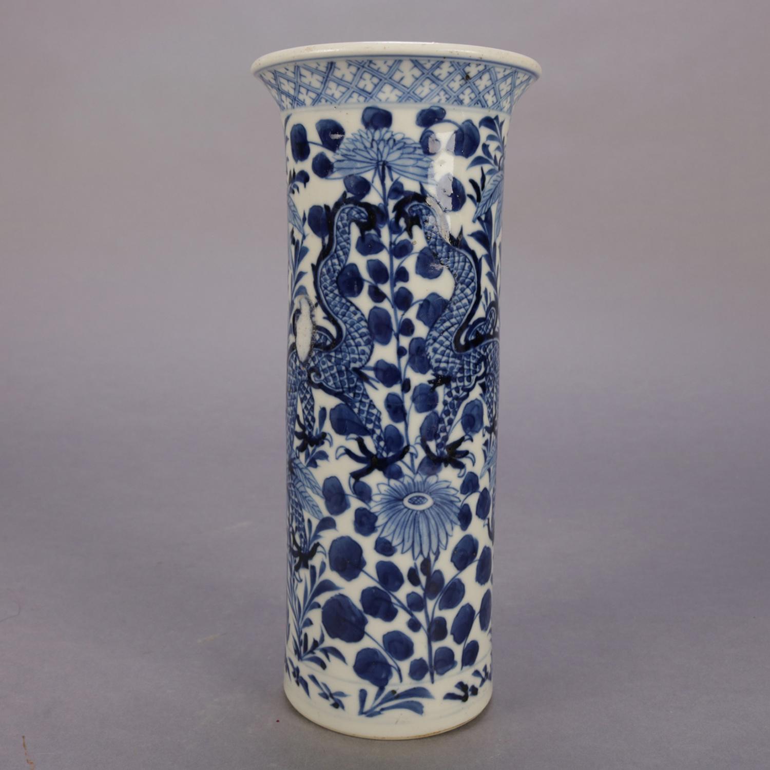 Chinese Blue & White Canton Dragon & Lotus Floral Porcelain Vase, 20th Century 1