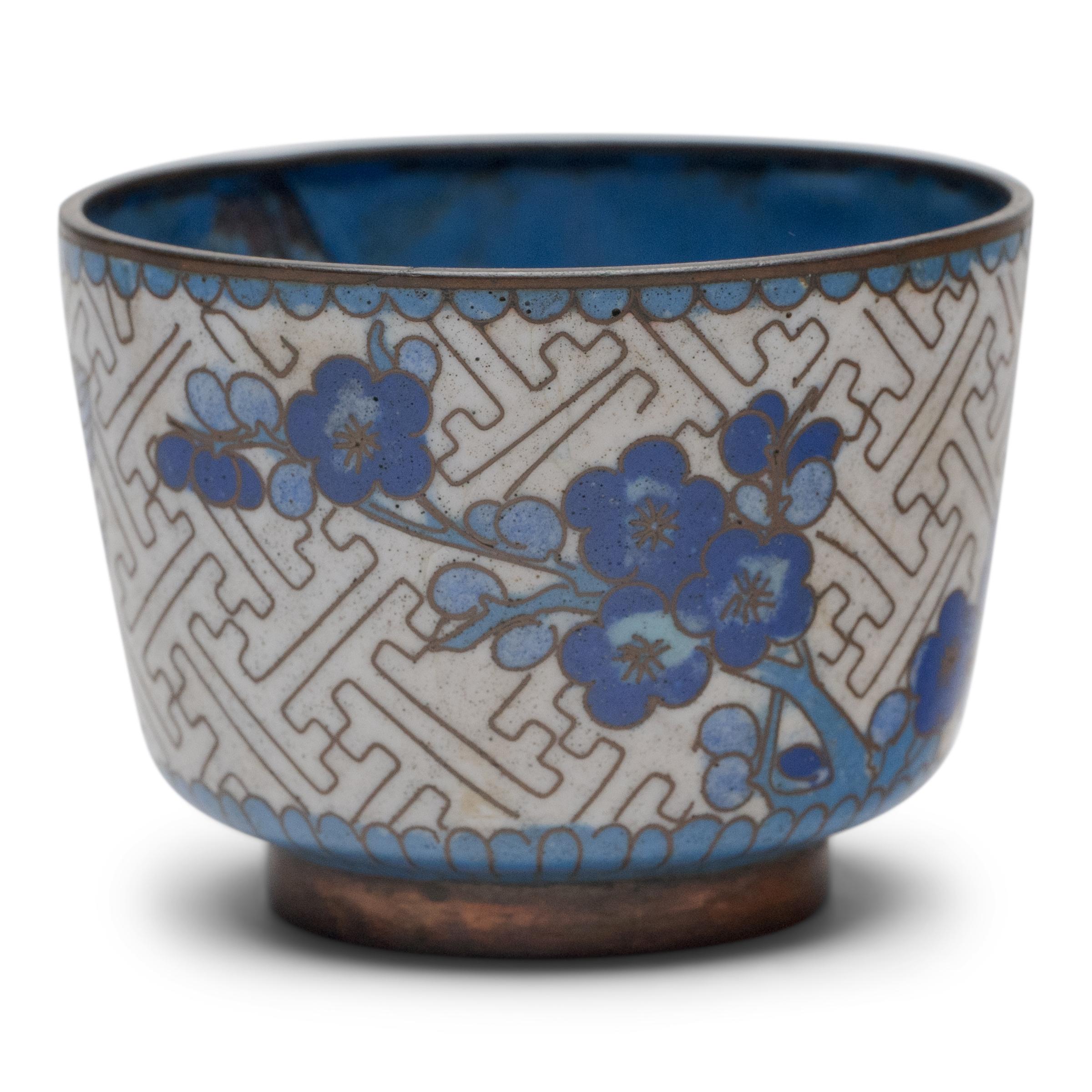 Qing Chinese Blue & White Cloisonné Tea Cup and Sponge Jar, c. 1900