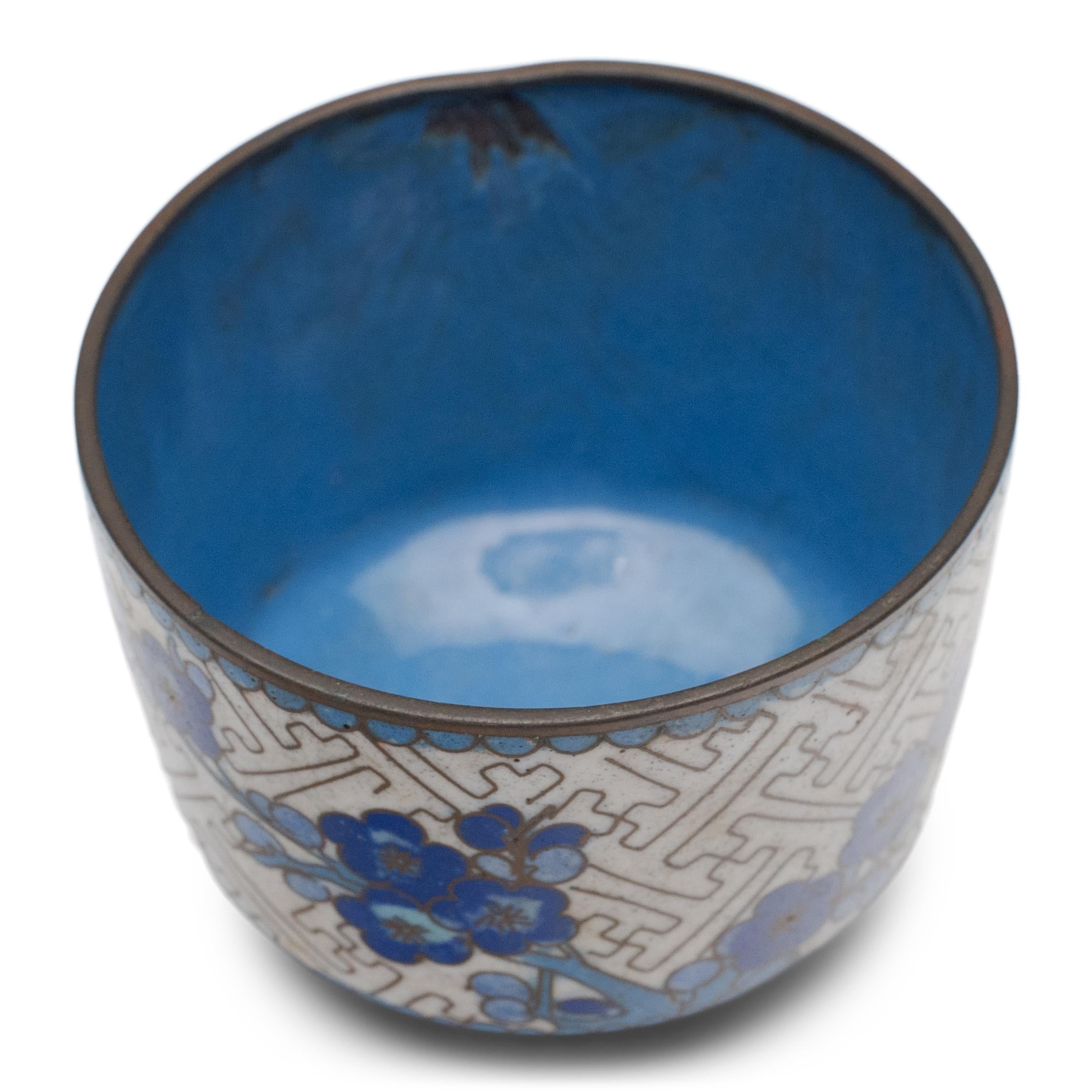 Enameled Chinese Blue & White Cloisonné Tea Cup and Sponge Jar, c. 1900