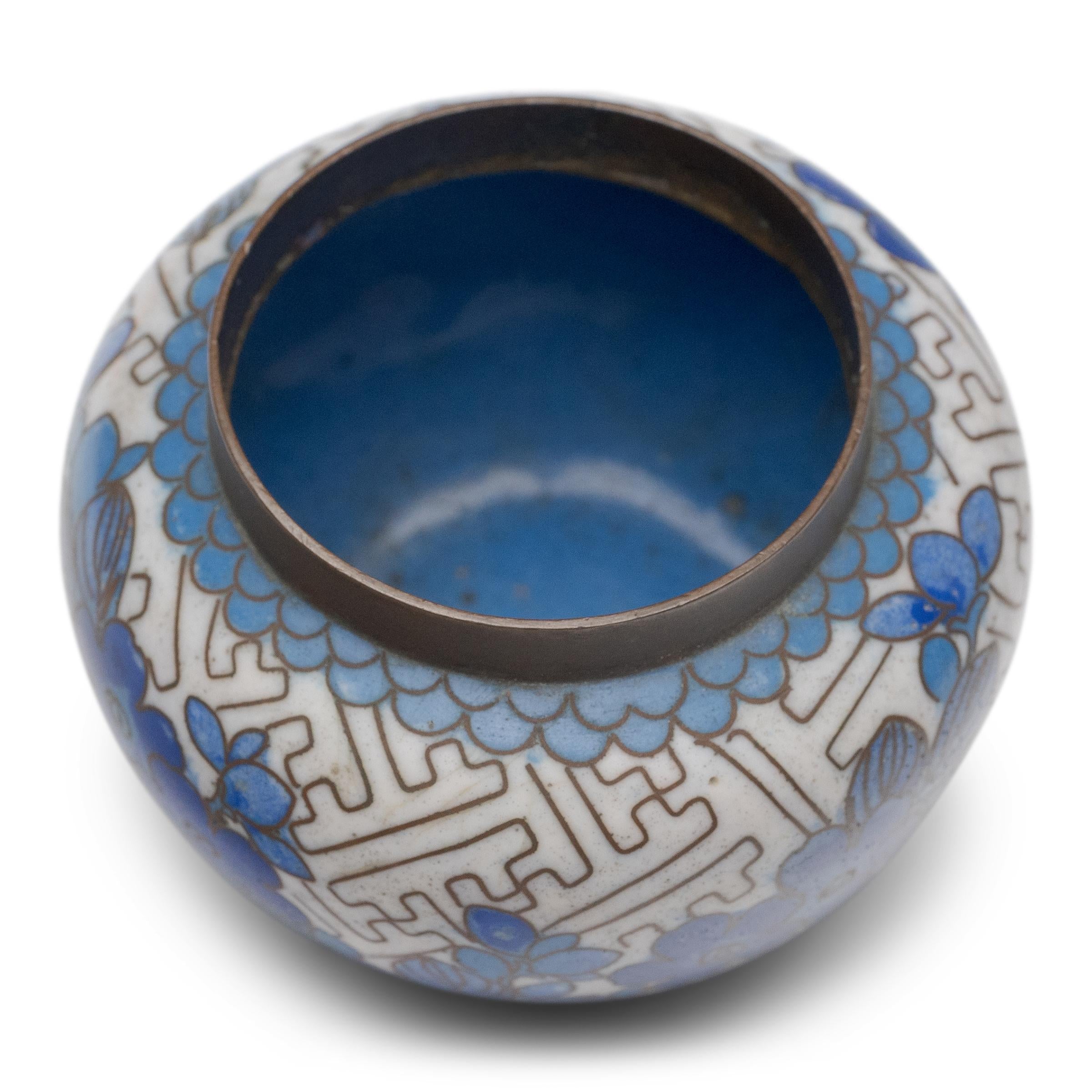 Metal Chinese Blue & White Cloisonné Tea Cup and Sponge Jar, c. 1900