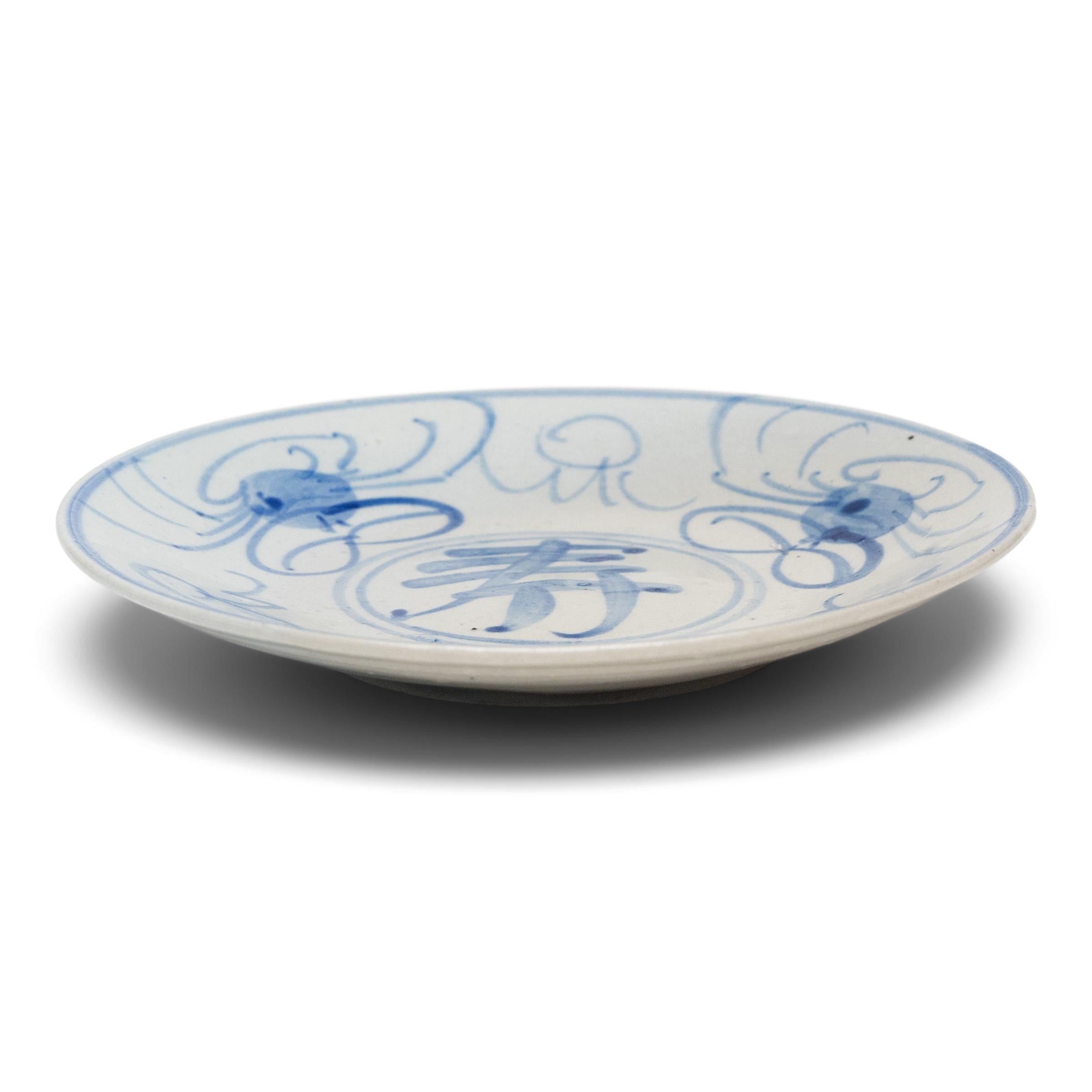 Chinese Export Chinese Blue & White Crab Plate, c. 1940s For Sale