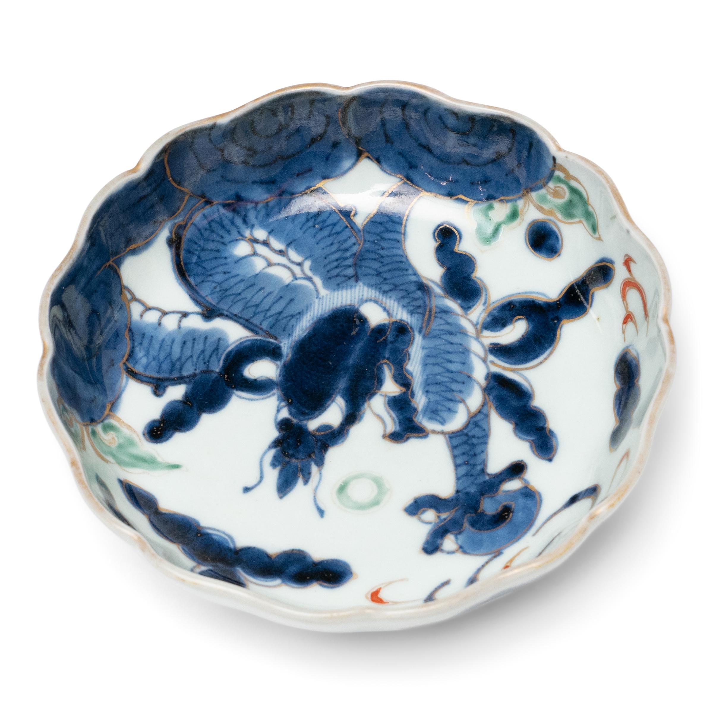 Glazed Chinese Blue & White Dragon Dish, c. 1920s For Sale