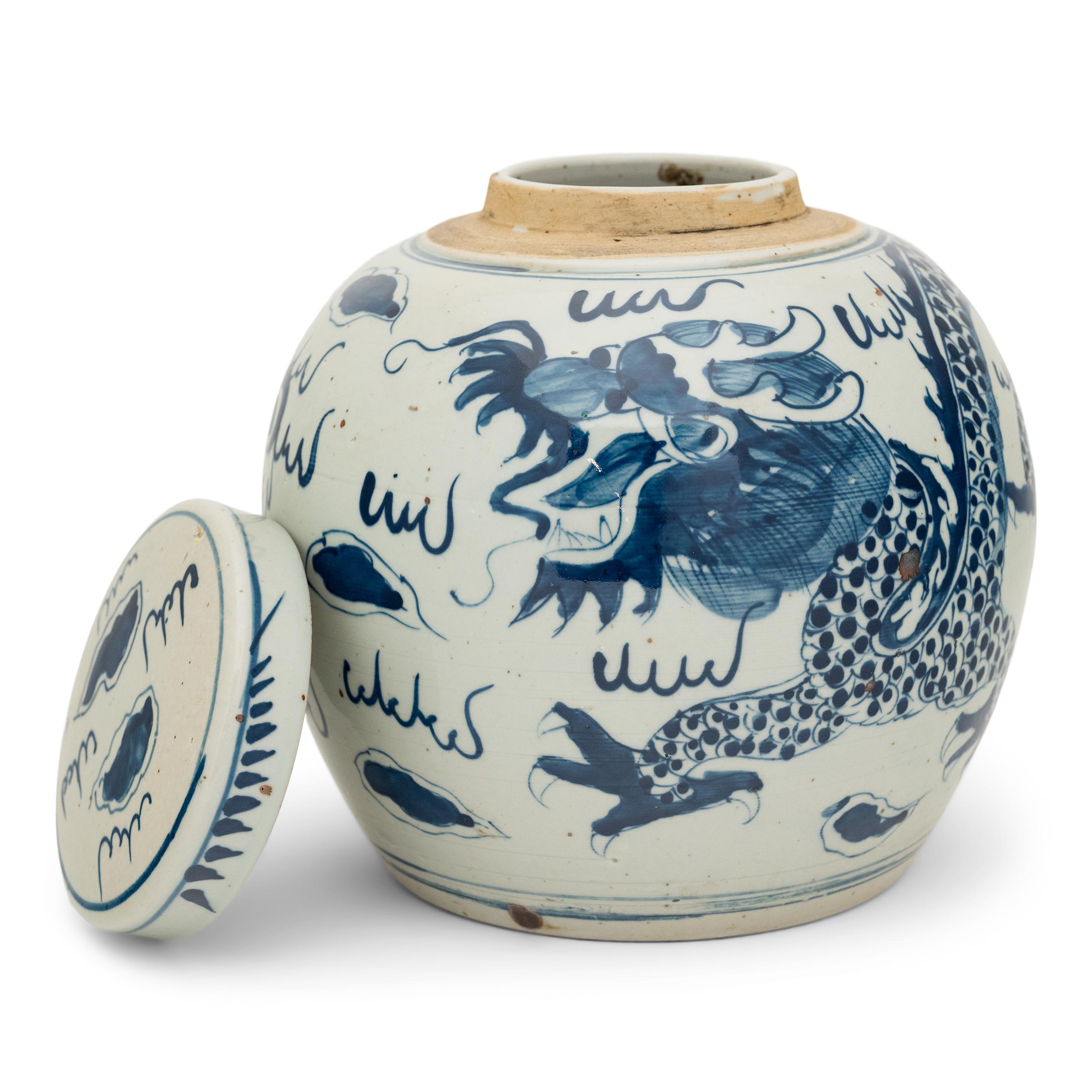 Glazed Chinese Blue & White Dragon Jar