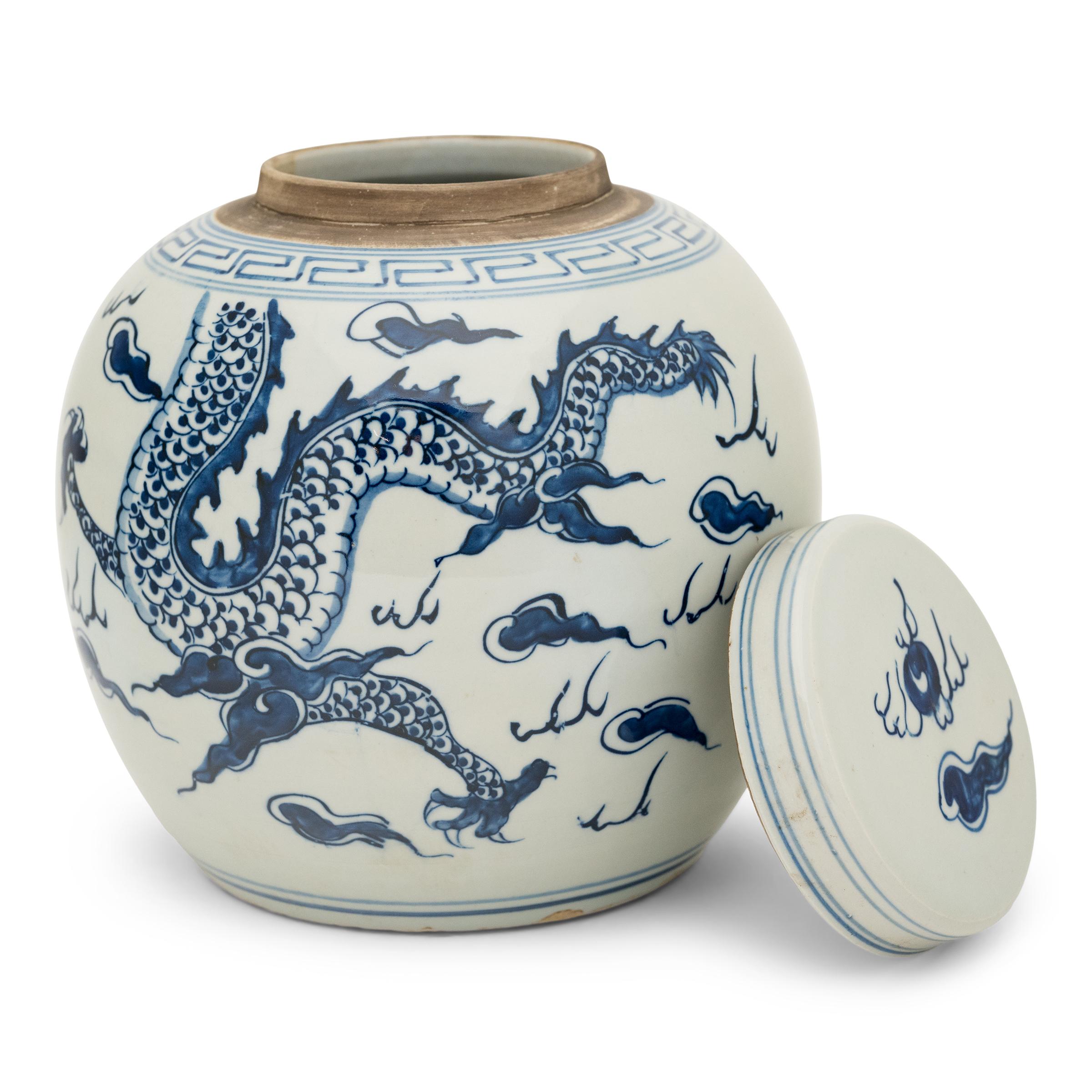 Glazed Chinese Blue & White Dragon Jar