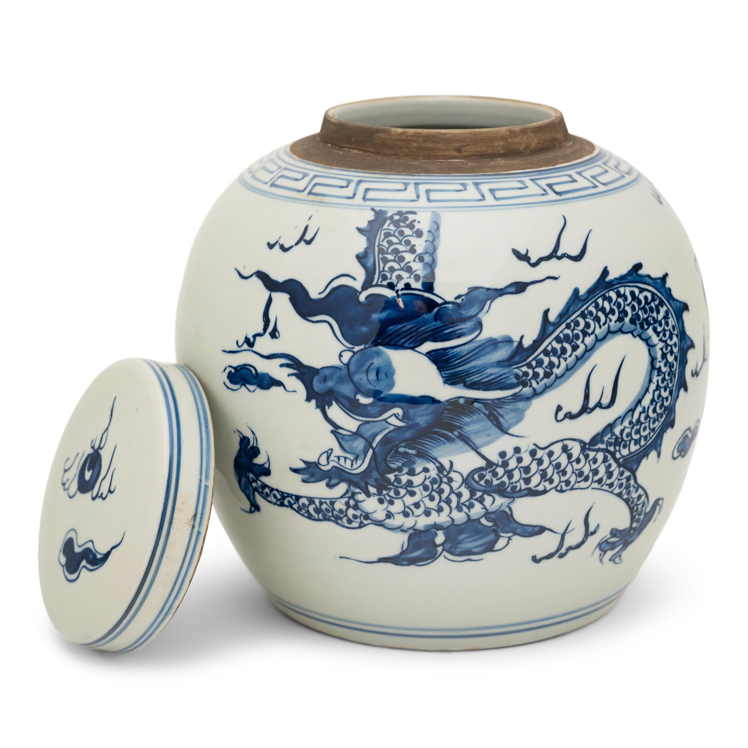 Glazed Chinese Blue & White Dragon Jar For Sale