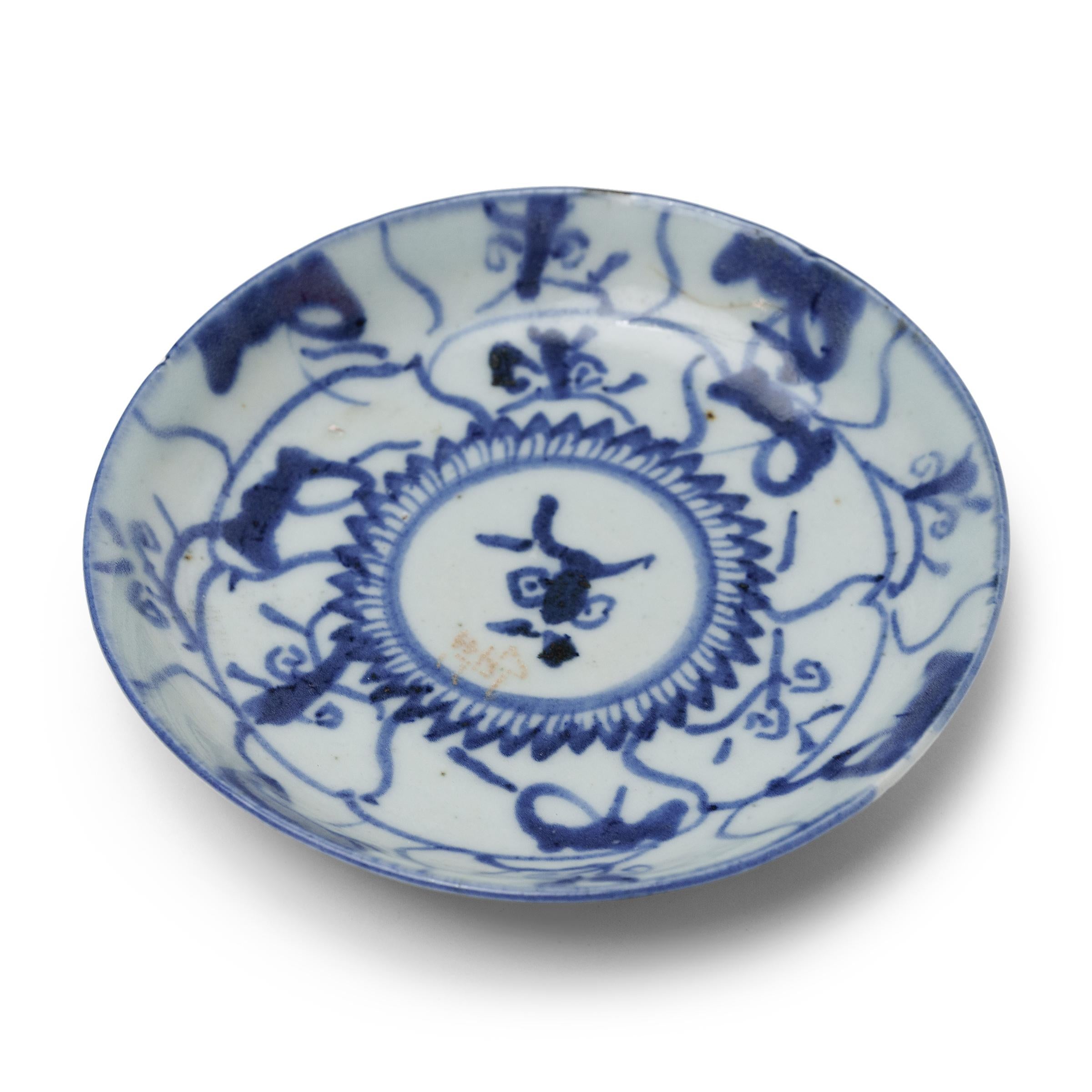 Glazed Chinese Blue & White Floral Plate, c. 1850 For Sale